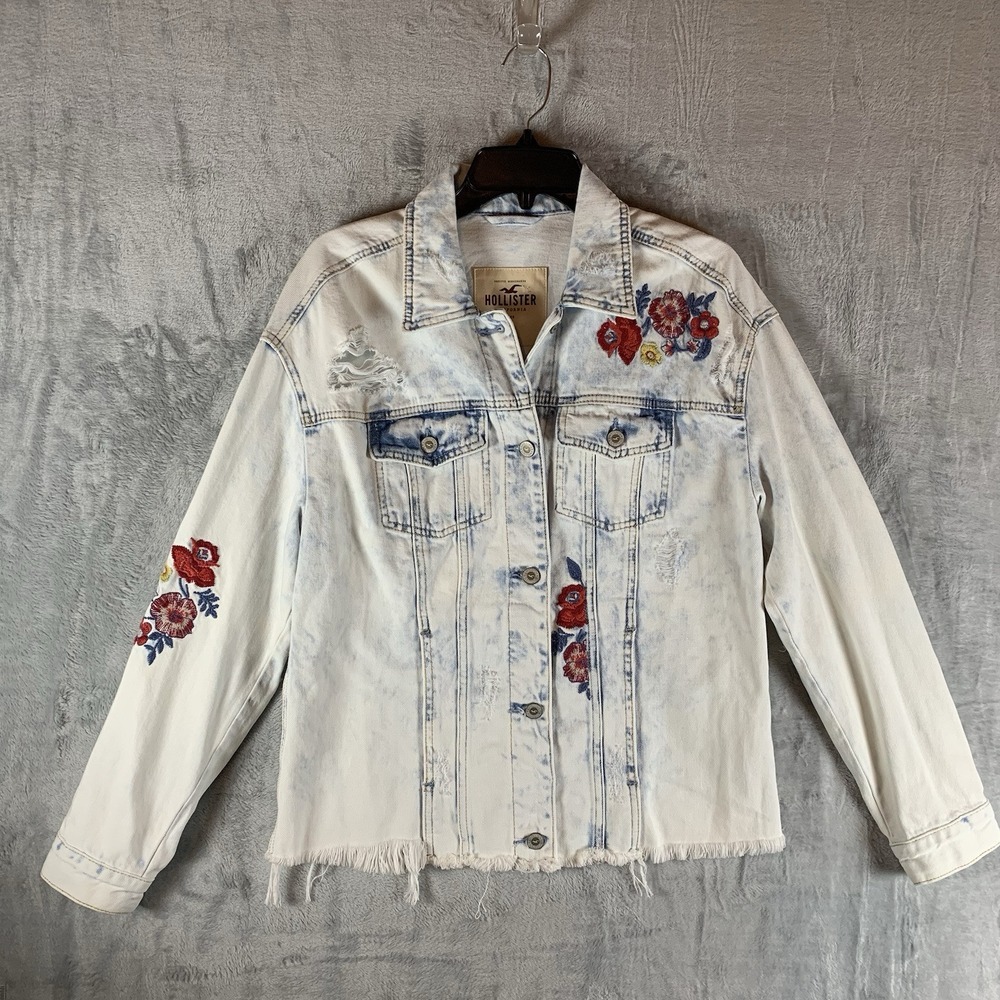 Hollister Jean Acid Wash Shirt Jacket Button‎ Up Floral Embroidered Distressed M